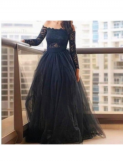 A-Line/Princess Off-the-Shoulder Long Sleeves Lace Floor-Length Tulle Dresses [PON1506EV534]