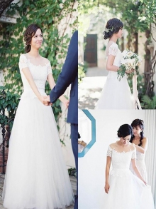 A-Line/Princess Bateau Short Sleeves Tulle Sweep/Brush Train Wedding Dresses