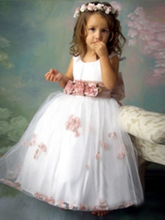 A-line/Princess Sleeveless Scoop Hand-made Flower Long Tulle Flower Girl Dresses