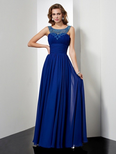 Empire High Neck Sleeveless Beading Long Chiffon Dresses