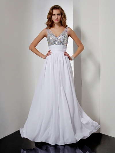 A-Line/Princess V-neck Rhinestone Sleeveless Long Chiffon Dresses [40059]