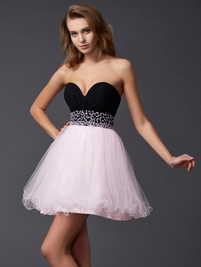 A-Line/Princess Beading Sweetheart Sleeveless Short Elastic Woven Satin Homecoming Dresses [40060]