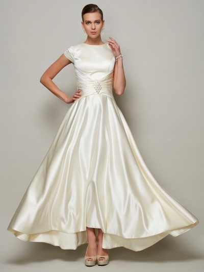 A-Line/Princess Scoop Short Sleeves Beading Long Satin Mother of the Bride Dresses [40139]