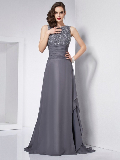 A-Line/Princess Jewel Sleeveless Beading Long Chiffon Dresses [40749]