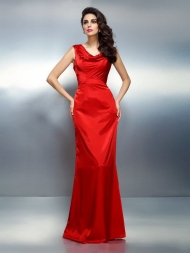 Trumpet/Mermaid V-neck Sleeveless Long Silk like Satin Dresses