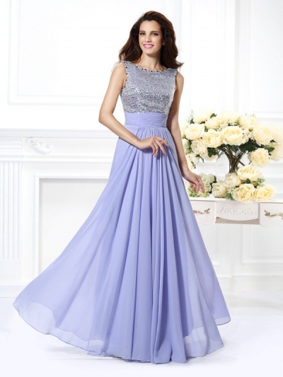 A-Line/Princess Bateau Lace Sleeveless Paillette Long Chiffon Dresses [50301]