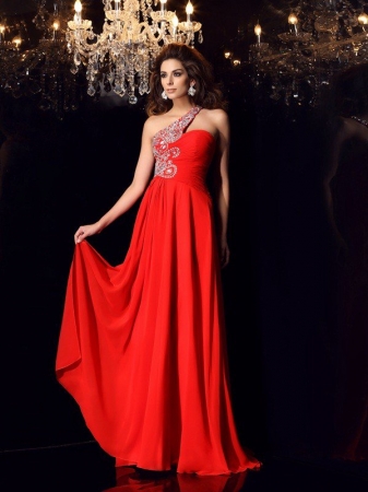 A-Line/Princess One-Shoulder Beading Sleeveless Long Chiffon Dresses