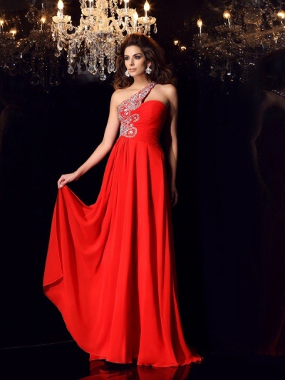 A-Line/Princess One-Shoulder Beading Sleeveless Long Chiffon Dresses [50313]