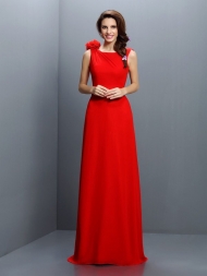 A-Line/Princess Bateau Hand-Made Flower Sleeveless Long Chiffon Bridesmaid Dresses