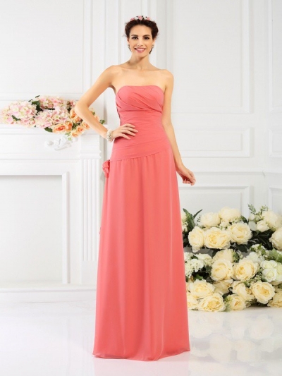 Sheath/Column Strapless Hand-Made Flower Sleeveless Long Chiffon Bridesmaid Dresses [50503]