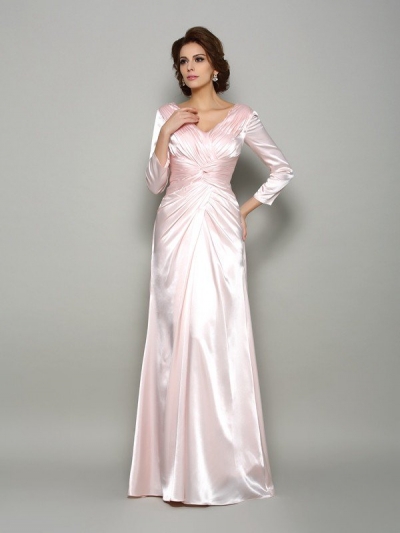 A-Line/Princess V-neck Ruched Long Sleeves Long Silk like Satin Mother of the Bride Dresses [50764]