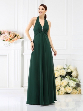 A-Line/Princess Halter Beading Sleeveless Long Chiffon Bridesmaid Dresses