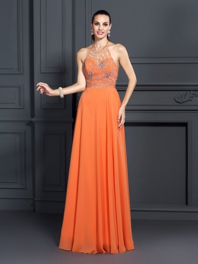 A-Line/Princess Scoop Beading Sleeveless Long Chiffon Dresses [50992]