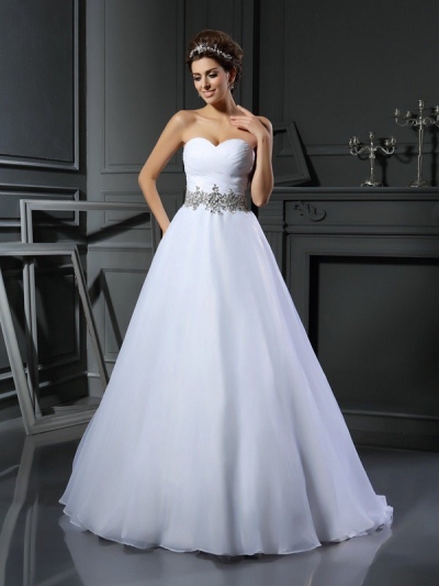 Ball Gown Sweetheart Beading Sleeveless Long Satin Wedding Dresses [51028]