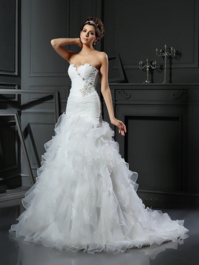 Trumpet/Mermaid Sweetheart Ruffles Sleeveless Long Organza Wedding Dresses [51094]