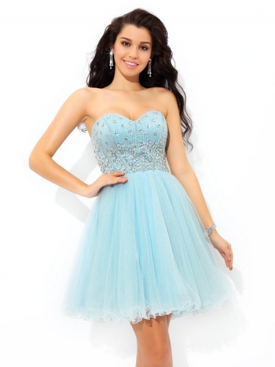 A-Line/Princess Sweetheart Beading Short Sleeveless Satin Cocktail Dresses [60028]