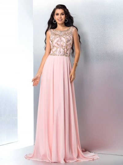 A-Line/Princess Scoop Beading Sleeveless Long Chiffon Dresses [60185]