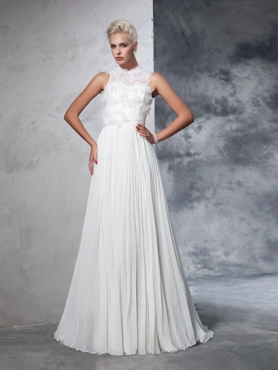 A-Line/Princess High Neck Pleats Sleeveless Long Chiffon Wedding Dresses [60245]