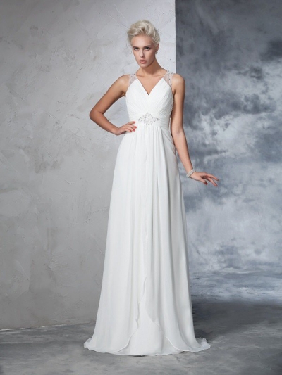 A-Line/Princess V-neck Ruched Sleeveless Long Chiffon Wedding Dresses [60657]