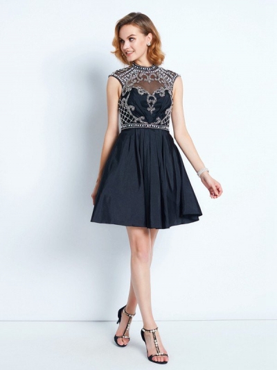 A-Line/Princess Sleeveless High Neck Beading Short/Mini Satin Dresses [63018]