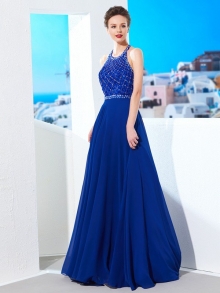 A-Line/Princess Jewel Sleeveless Beading Chiffon Sweep/Brush Train Dresses