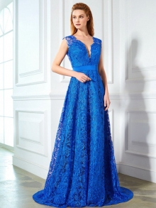 A-Line/Princess V-neck Sleeveless Sweep/Brush Train Bowknot Lace Dresses