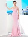 Trumpet/Mermaid Jewel Short Sleeves Sweep/Brush Train Beading Spandex Dresses