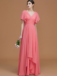 A-Line/Princess V-neck Short Sleeves Floor-Length Ruched Chiffon Bridesmaid Dresses