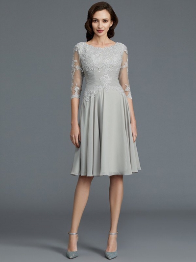 A-Line/Princess 1/2 Sleeves Scoop Knee-Length Applique Chiffon Mother of the Bride Dresses [73003]