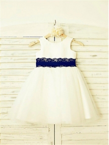 A-line/Princess Scoop Sleeveless Lace Tea-Length Tulle Flower Girl Dresses