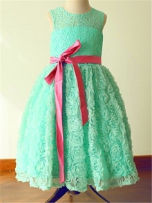 A-line/Princess Jewel Sleeveless Bowknot Floor-Length Lace Flower Girl Dresses