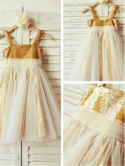 A-line/Princess Spaghetti Straps Sleeveless Ruffles Floor-Length Sequins Flower Girl Dresses [EL1605526]