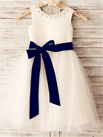 A-line/Princess Scoop Sleeveless Bowknot Tea-Length Tulle Flower Girl Dresses