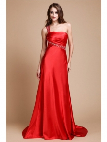 A-Line/Princess One Shoulder Beading Sleeveless Long Elastic Woven Satin Dresses