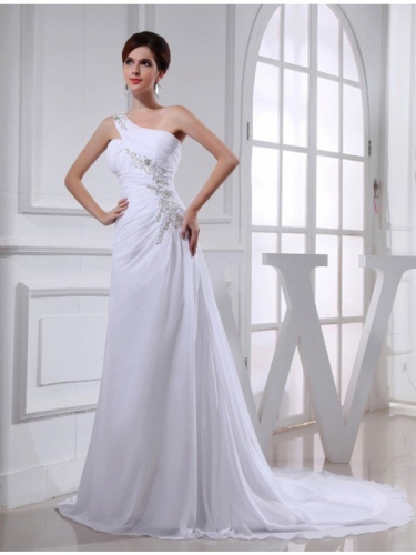 A-Line/Princess Beading One-shoulder Sleeveless Chiffon Applique Wedding Dresses