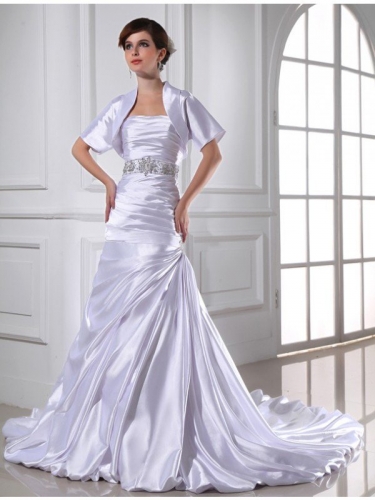 Trumpet/Mermaid Beading Strapless Sleeveless Applique Elastic Woven Satin Wedding Dresses