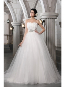 Ball Gown Strapless Sleeveless Beading Feather Long Net Wedding Dresses