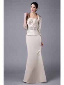 Sheath/Column Strapless Beading Hand-Made Flower Elastic Woven Satin Mother of the Bride Dresses