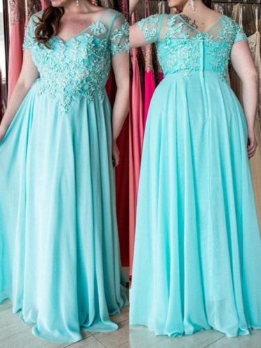 A-Line/Princess Sweetheart Short Sleeves Applique Floor-Length Chiffon Plus Size Dresses