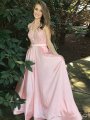 A-Line/Princess V-Neck Sleeveless Floor-Length Lace Satin Dresses