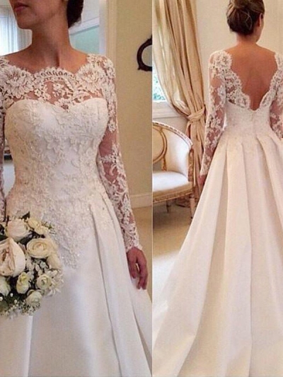 Ball Gown Scoop Long Sleeves Lace Court Train Satin Wedding Dresses [PO16033PO514]