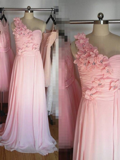 A-Line/Princess One-Shoulder Sleeveless Floor-Length Hand-Made Flower Chiffon Bridesmaid Dresses [PO16033PO594]