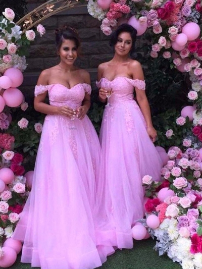 A-Line/Princess Off-the-Shoulder Sleeveless Floor-Length Applique Tulle Bridesmaid Dresses [PO16033PO606]