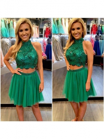 A-Line/Princess Sleeveless High Neck Beading Tulle Short/Mini Two Piece Dresses