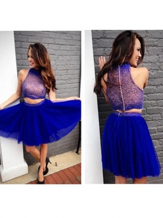 A-Line/Princess Sleeveless High Neck Beading Tulle Short/Mini Two Piece Dresses