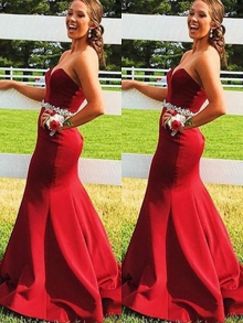 Trumpet/Mermaid Sleeveless Sweetheart Satin Beading Sweep/Brush Train Dresses