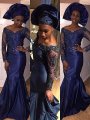 Trumpet/Mermaid Long Sleeves V-neck Satin Lace Sweep/Brush Train Dresses