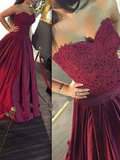 A-Line/Princess Sweetheart Sleeveless Lace Satin Floor-Length Dresses [PON1506EV624]