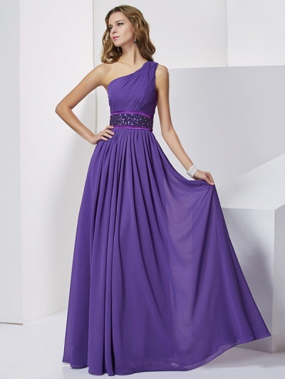 Empire One-Shoulder Sleeveless Beading Long Chiffon Dresses [40214]