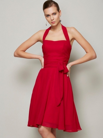 A-Line/Princess Halter Sleeveless Pleats Bowknot Short Chiffon Bridesmaid Dresses